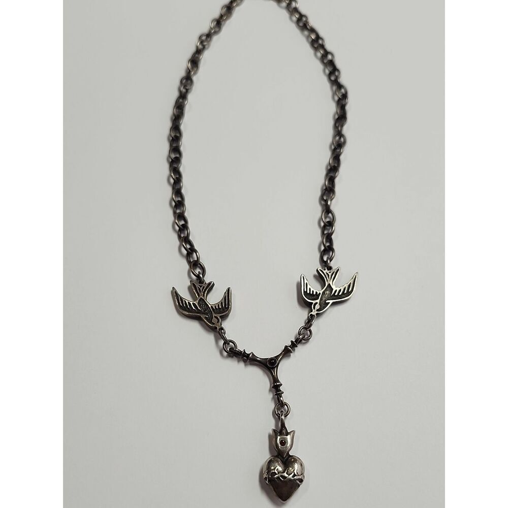 Sterling Silver Swallow Bird & Heart Lariat Necklace - Women Jewelry 925 Garnet